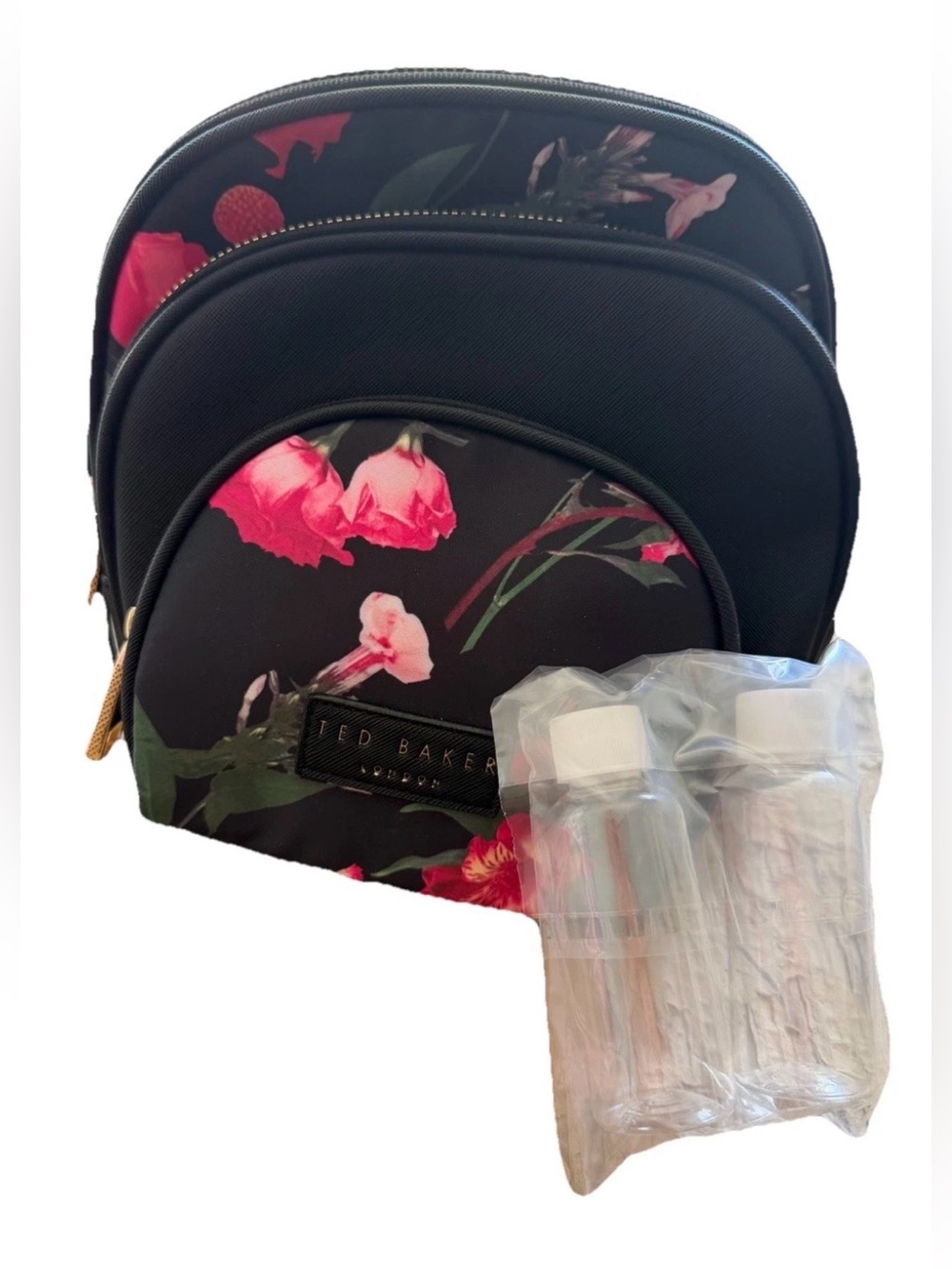 5 PIECE ROSES MAKEUP COSMETICS BAG SET TED BAKER FLORAL BLACK 2 TRAVEL BOTTLES